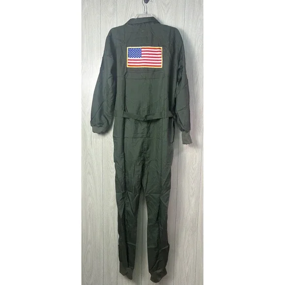 Tipsy Elves Mens Flight Suit Jumpsuit Olive Green Pilot Costume USA Patches M - Picture 4 of 12